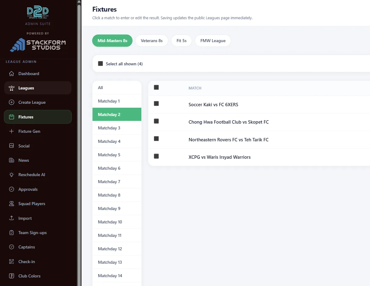 D2D admin suite — fixtures and results entry