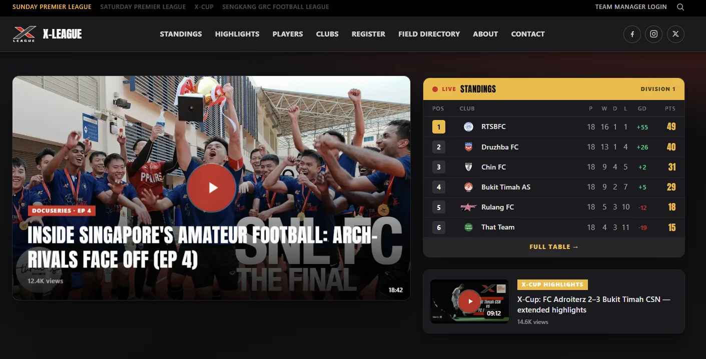 X-League website — home with live standings